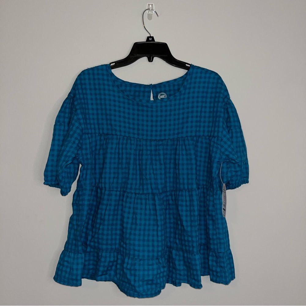 NWT Wonder Nation Blue Checkered Tiered Kids Blouse XL